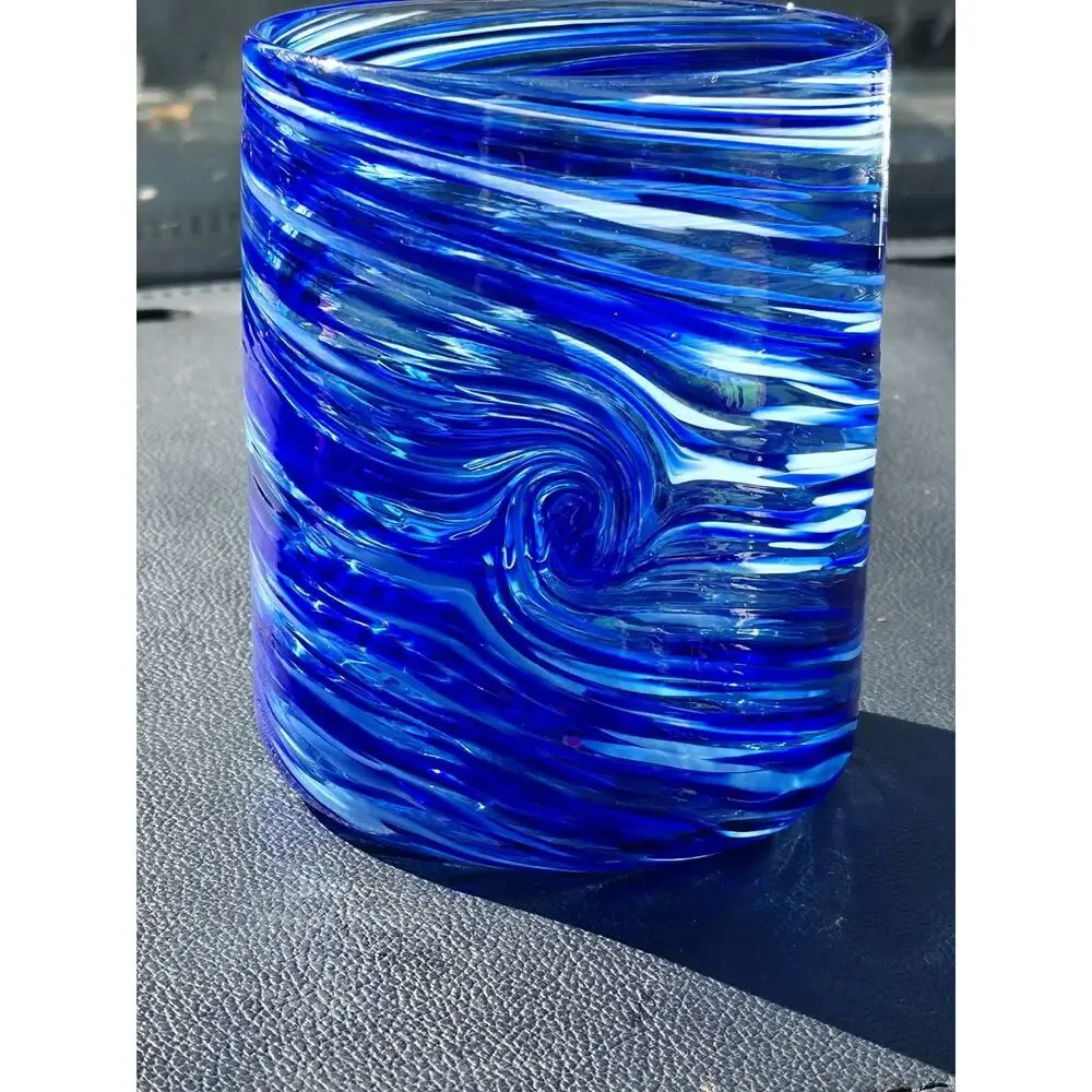 Cory Ballis Signed Cobalt Blue Swirl Art Glass Lowball Rocks Tumbler Handmade